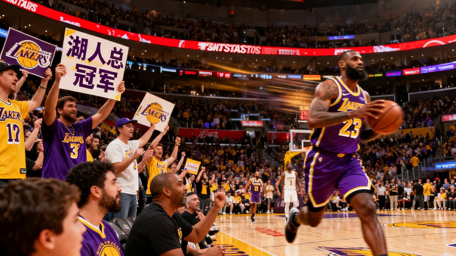 NBA季后赛现场，洛杉矶湖人队主场斯台普斯中心内球迷热情呐喊，球员在场上飞速奔跑传球的精彩瞬间