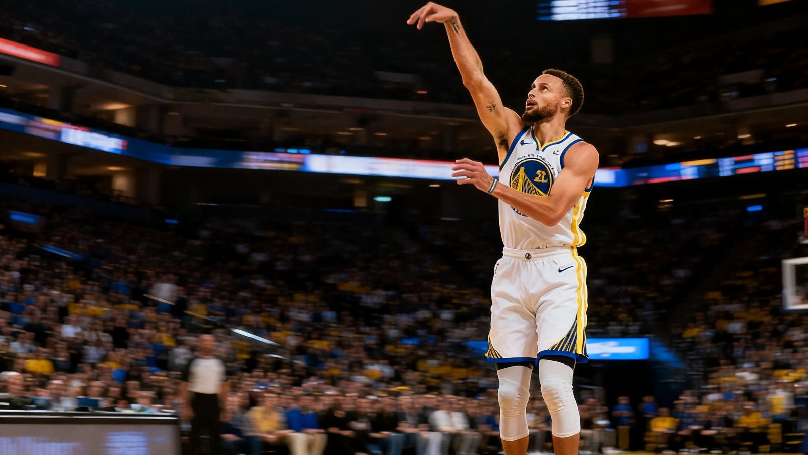 NBA比赛中库里在三分线外两步距离投出超远三分球的精彩单镜头回放